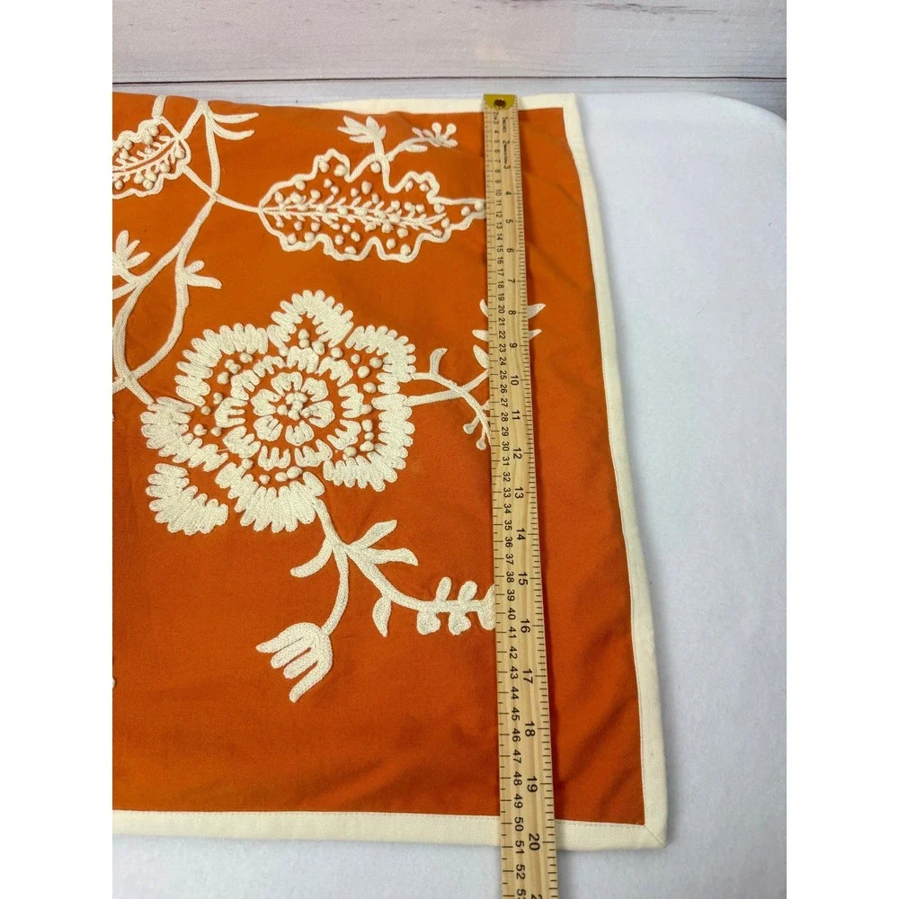 Pottery Barn Embroidered Floral Pillow Covers Shams Set of 2 Orange Cream Accent